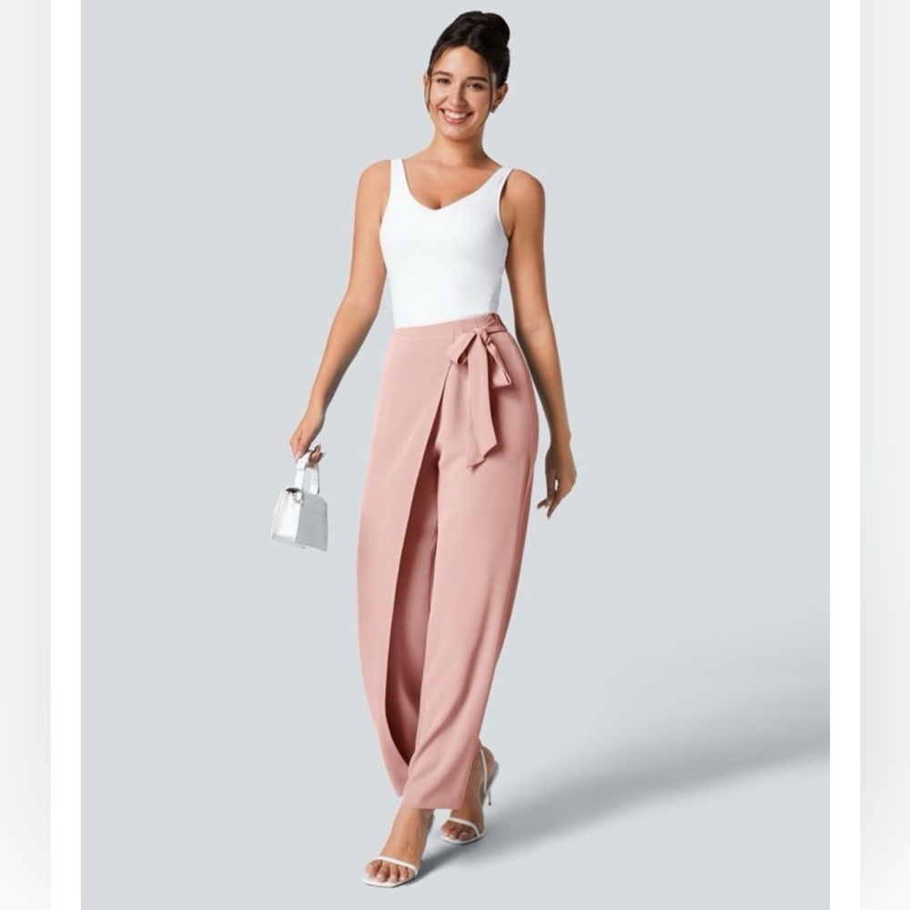 Halara Flex High Waisted Tie Side Wide Leg Work Pants with Pockets Pink S NWT